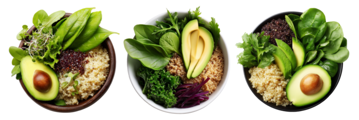 Healthy bowl of quinoa, avocado slices, and mixed leafy greens in natural style isolated on white transparent background