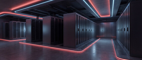 Tech Sanctuary: Glimpse a cutting-edge data center, where rows of sleek servers pulse with digital life, illuminated by cool neon light, creating a futuristic, high-tech sanctuary.