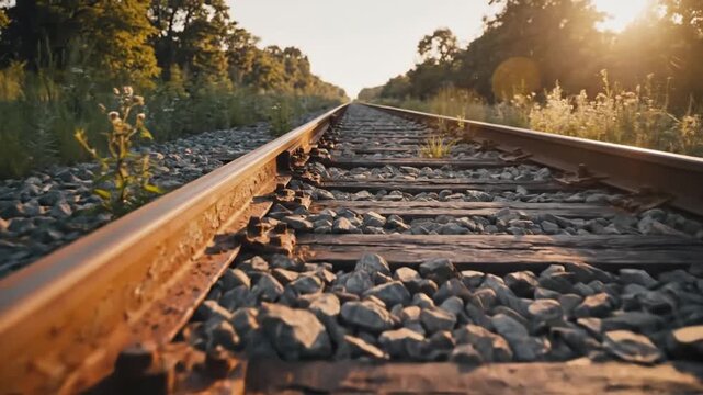 Railroad tracks through landscape with green plants and warm sunlight