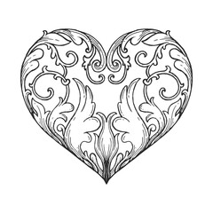 Baroque floral heart vector. Vintage ornament in leaf shape. Classical romantic filigree element.
