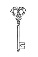 Vintage heart key vector illustration. Ornamental ornate skeleton tool with love symbol. Romantic antique filigree design element.