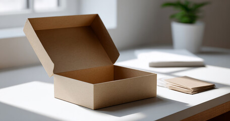 Open empty cardboard box on white table with natural light and blurred background featuring plant and stacked envelopes
