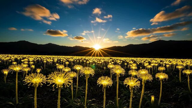  Wide angle landscape view of a large field of bright yellow pincushion proteas blowing in the wind in the fynbos capital