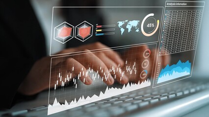 Business professional analyzing data trends and statistics on a futuristic digital interface with charts and graphs depicting growth and performance metrics Gluon.