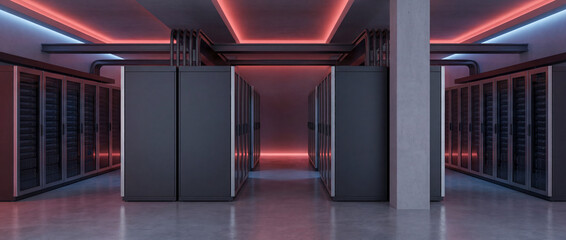 Cyber Fortress: A striking visual of a modern data center, rows of powerful server units bathed in cool, high-tech lighting, representing the essence of digital storage and information security.