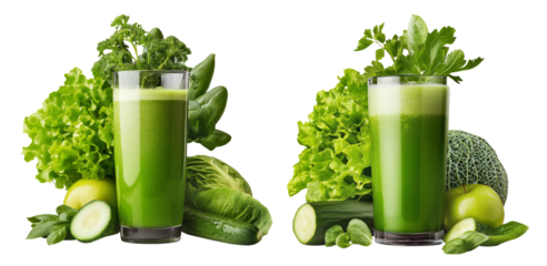 Fresh green smoothie in glass surrounded by lettuce, cucumber, spinach, and apple, isolated on white background