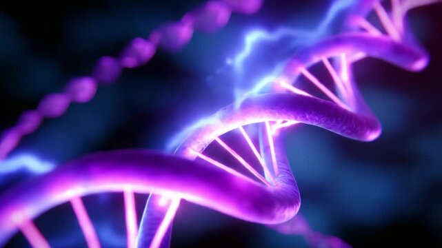 A Stunning Visualization of DNA Strands Illuminated by Electric Energy, Showcasing the Intricate Structure and Dynamic Interaction of Genetic Material in a Microcosmic World of Science.
