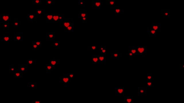 romantic red hearts particles overlay 4k alpha channel. falling love icon, valentine day red hearts falling loop.
