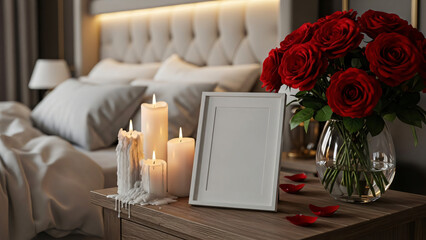 A romantic bedroom setup with red roses, candles, and a blank picture frame on a wooden nightstand