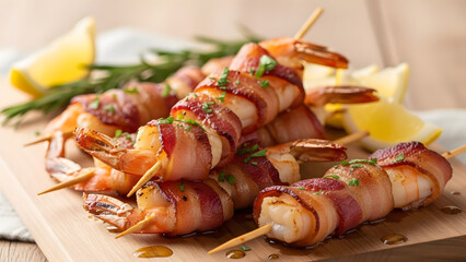 Grilled bacon wrapped shrimp skewers with lemon wedges and herb garnish on a rustic wooden board