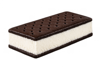 Ice cream sandwich with vanilla filling between two chocolate wafers, a classic frozen dessert treat