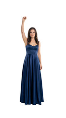 Naklejka premium Woman in blue dress raising fist on transparent background