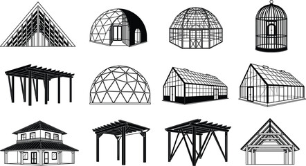 Architectural structures, building frameworks, geodesic domes, greenhouses, pergolas, cabins, sheds, modern design, construction elements, architectural illustration, black and white © Sandra Weiss