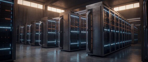 Cyber Citadel: An imposing data center hums with raw computational power. A vast network of servers stands as the backbone of the digital age, representing the heart of modern data infrastructure.