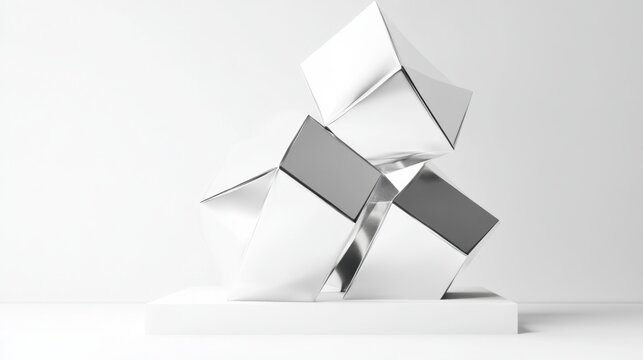 A modern abstract metallic sculpture composed of angular geometric forms on a clean white background