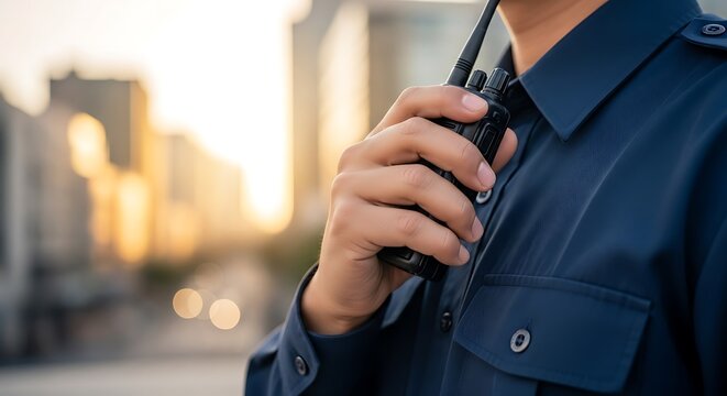 A security guard or professional worker uses a walkie-talkie for communication while standing outdoors in an urban setting at sunset.