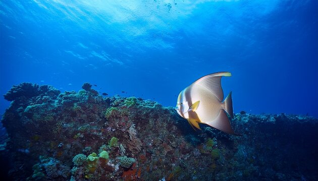 A Batfish Glides Along A Coral Wall Soft Blue Light Fills The Scene As It Drifts Through The Reef Landscape Surrounded By Subtle Particles In The Water