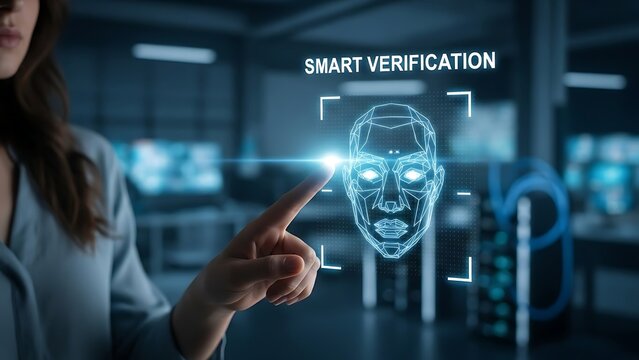Woman interacting with biometric facial recognition concept for the security and technology concept. - Powered by Adobe