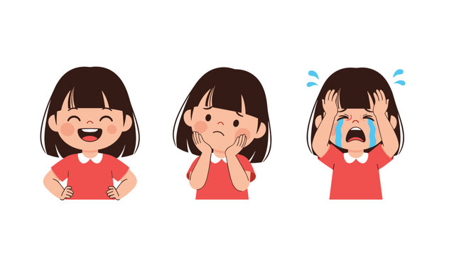 Three illustrations of the same young girl showing happy, sad, and crying emotions against a white background.