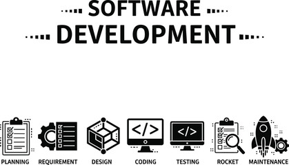 Fototapeta premium Software development lifecycle, coding phases, planning icons, testing process, deployment rocket, maintenance tools, tech workflow, programming stages, vector design, development concept