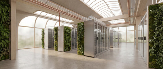 Modern Server Room: A modern data center with lush green walls, illustrating an eco-friendly approach to technology.