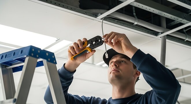 A male technician on a ladder uses a crimping tool to install an RJ45 connector onto a network cable connected to the overhead suspended ceiling infrastructure.