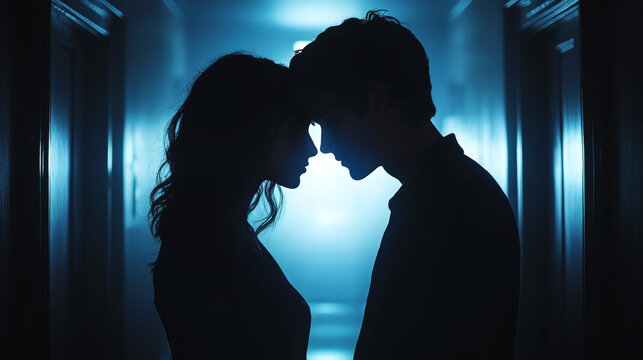 Romantic Silhouette of Two People in Dimly Lit Corridor