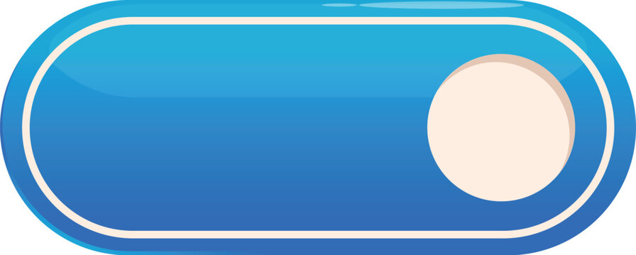 On off toggle switch button with blue glossy style and white stroke, slider in the on position