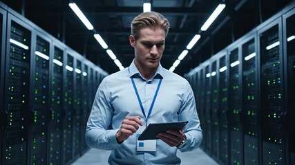 Man with tablet in server room. - Powered by Adobe