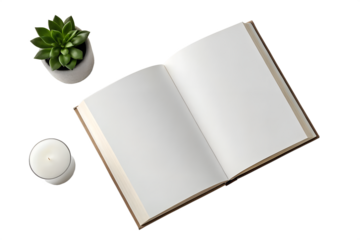 Minimalistic flat lay composition featuring an open blank book with generous copy space, alongside a succulent plant in a pot and a lit candle, perfect for mockup or creative projects