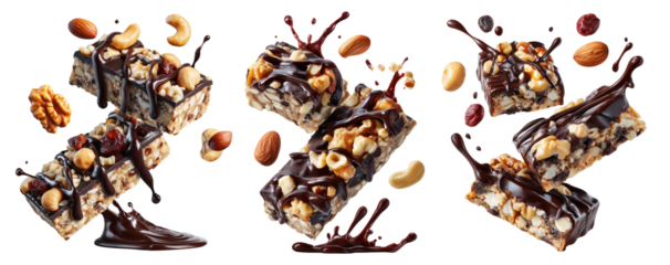 Chocolate coated nut protein energy fitness bar topped with almonds, cashews, walnuts, and chocolate drizzle on white