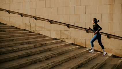 Woman exercises while running up steps in Malta on a sunny day