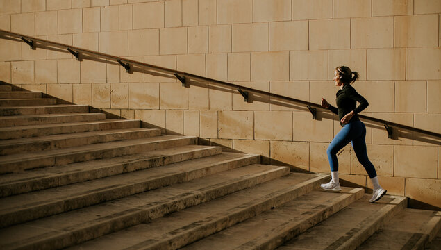 Woman exercises while running up steps in Malta on a sunny day