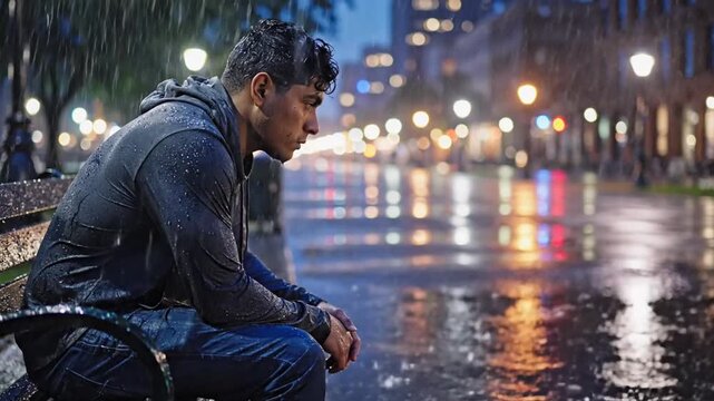 A sad man sitting alone on a bench in the rain at night, surrounded by city lights reflections on wet pavement