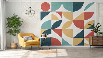 Bright contemporary living room interior featuring a yellow armchair and a bold geometric pattern...