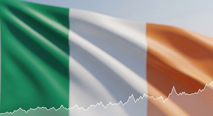 Ireland flag waving with stock market chart overlay with copy space