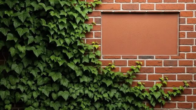 Brick wall covered in green ivy with a rectangular space for text.