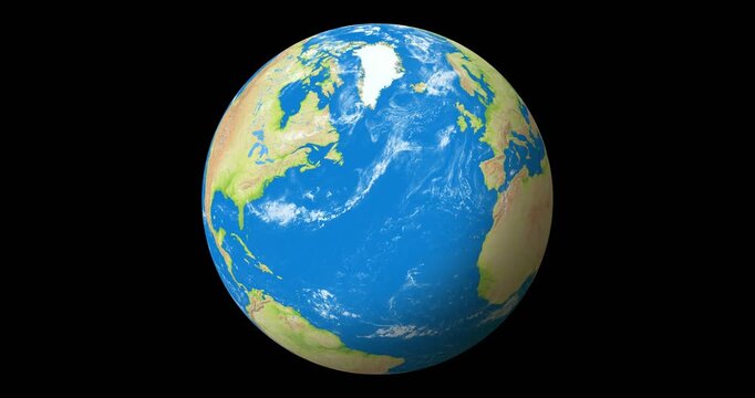 View from Space to a Rotating Earth Globe. Light clouds cover parts of the earth. Terrain made from digital elevation model.