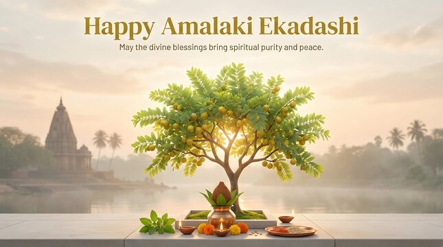 Happy Amalaki Ekadashi Devotional Poster with Lord Vishnu and Amla Tree Hindu Fasting Theme