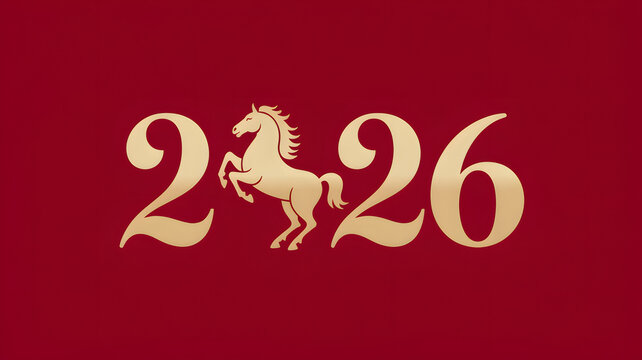 a red background with golden numerals and a horse emblem design - Powered by Adobe