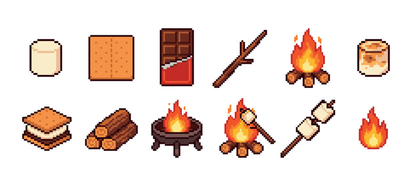 Set of pixel art s'mores icons showing ingredients and campfire elements like a marshmallow, chocolate, cracker, and fire for a retro video game design