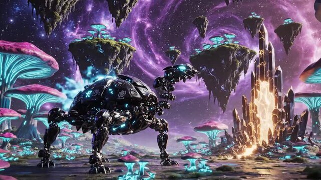 Futuristic mechanical creature traversing an alien landscape with floating islands