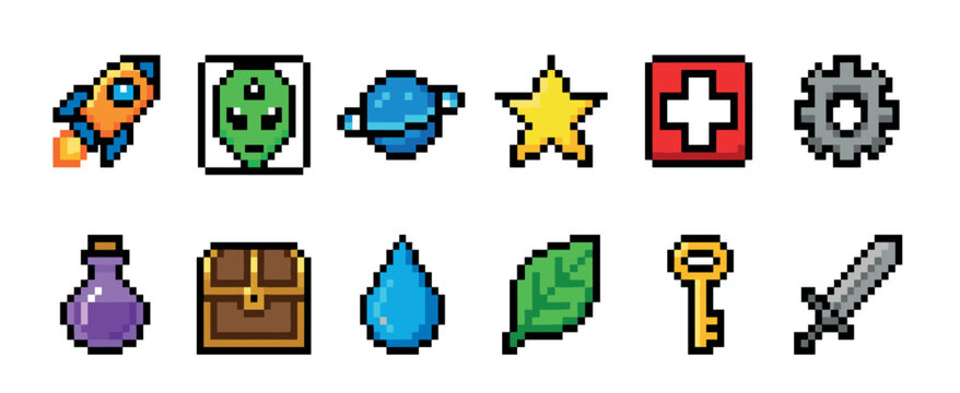 Colorful set of pixel art icons for a retro video game user interface, including a rocket, alien, planet, star, potion, chest, key, and sword