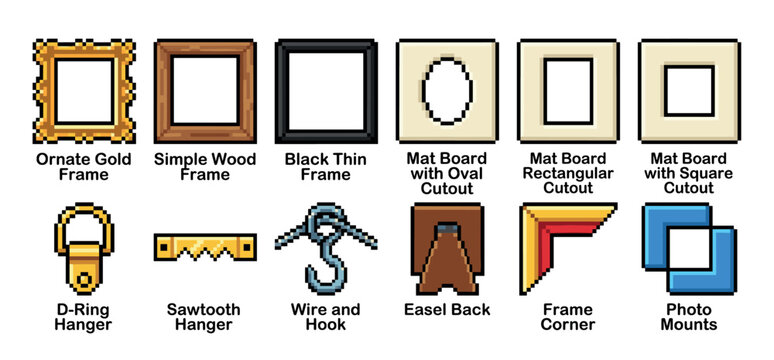 Pixel art icon set of picture frames and framing supplies including ornate gold, wood, and black frames, mat boards, hangers, and mounts in a retro 8-bit video game style