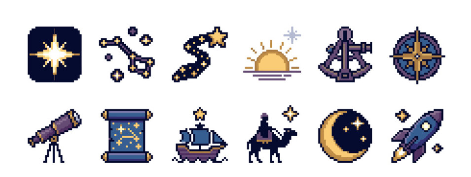 Retro pixel art icon set for navigation and space exploration, showing a compass, telescope, shooting star, rocket, and crescent moon in an 8-bit video game style