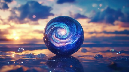 A polished crystal sphere captures a swirling cosmic galaxy nebula reflecting on the water surface at sunset