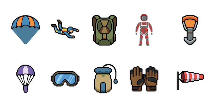 Collection of skydiving and parachuting icons in a pixel art style, featuring a skydiver, parachute, backpack, goggles, and windsock for extreme air sports and recreation