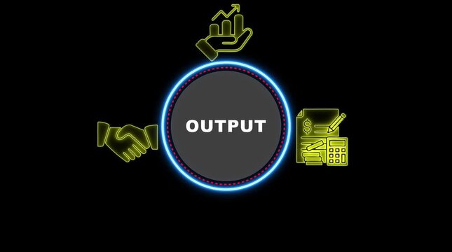 Neon Yellow Business Icons Surrounding Central Circle Labeled OUTPUT on Black Background output