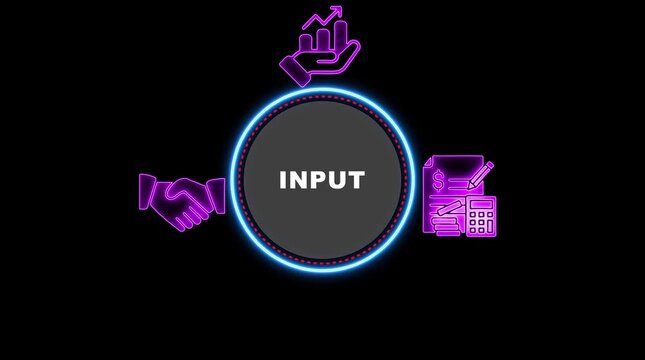 Neon Purple Business Icons Surrounding Central Circle Labeled INPUT on Black Background input