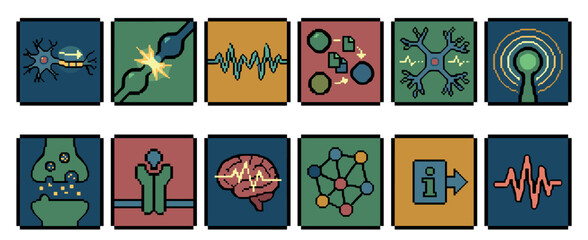 Set of pixel art neuroscience icons showing neurons, synapses, brainwaves, and neural networks in a colorful retro 8-bit style for science and technology concepts
